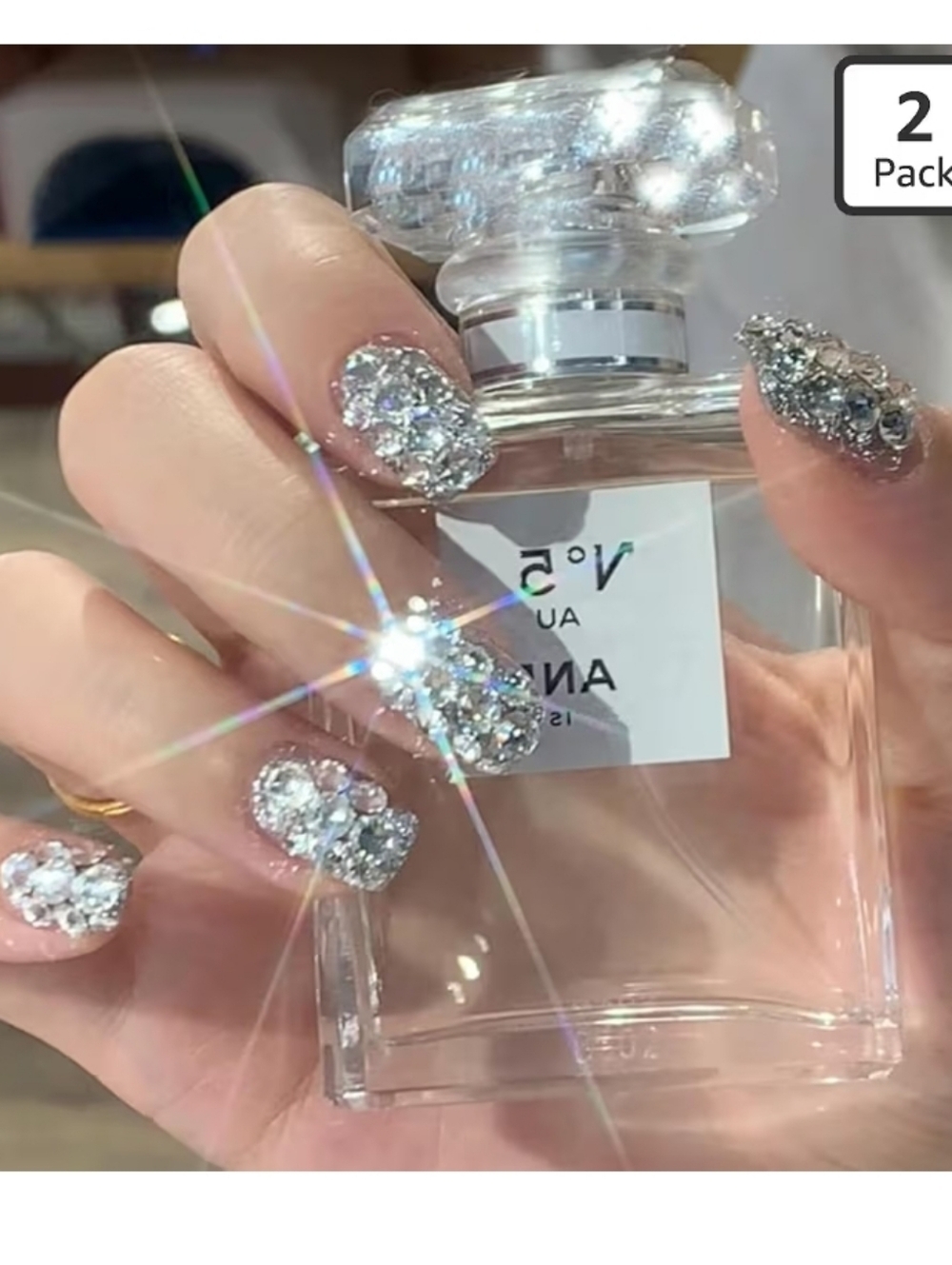 Silver Rhinestone Glue-On False Nails – Sparkly Gem Design